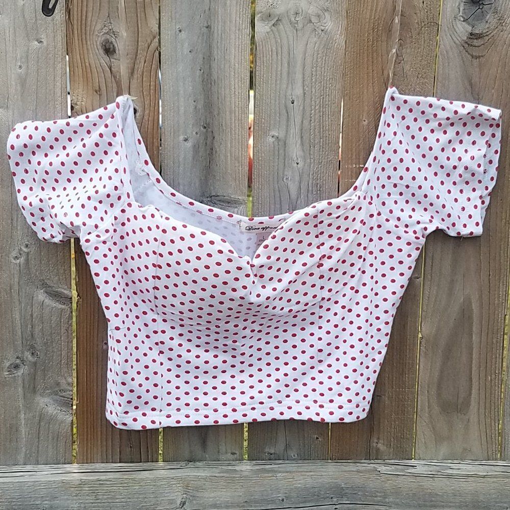 Juniors Large Top White & Red Polka Dot Mid-Drift Crop Bustier by Diva Appeal